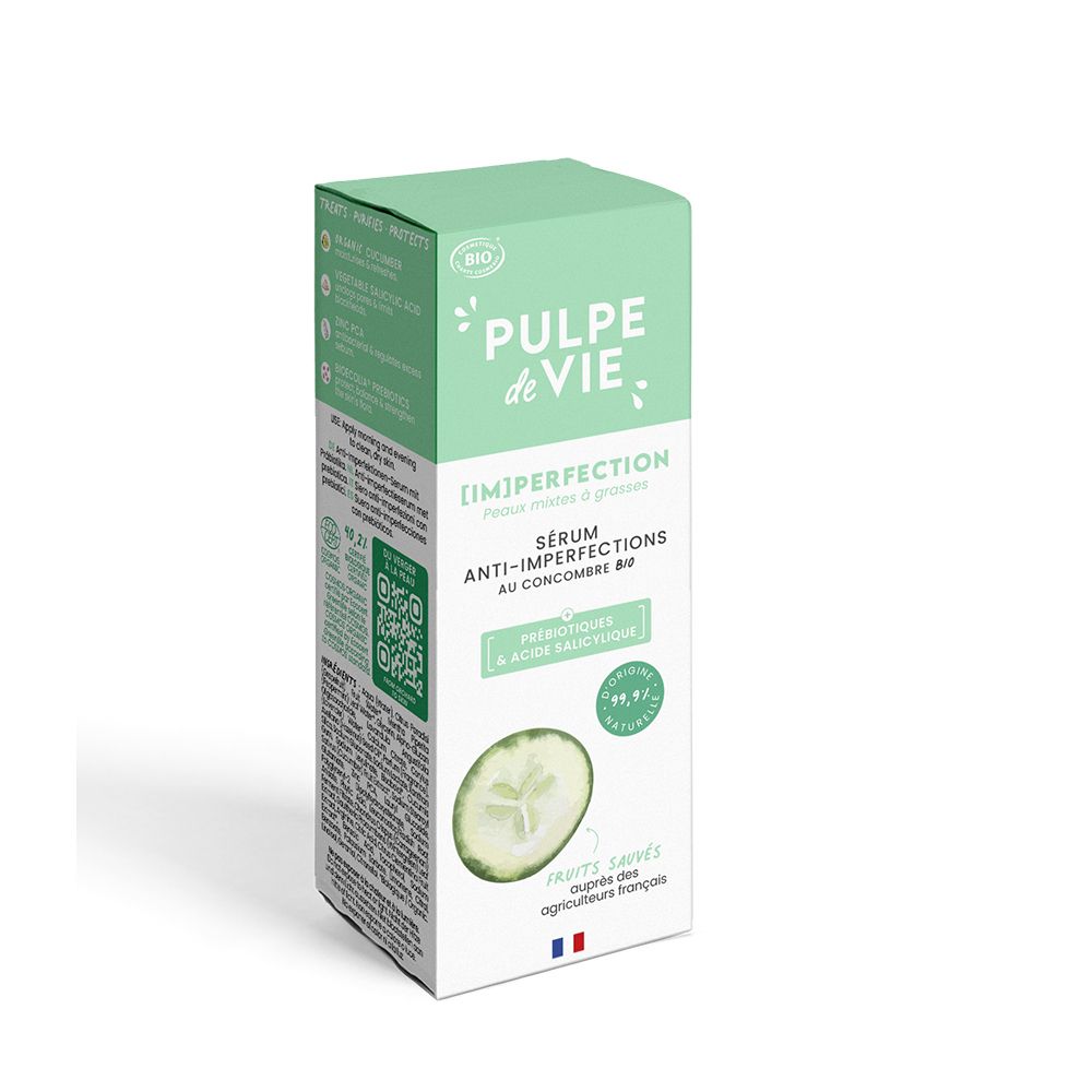 Emballage vert. Inscription: PULPE DE VIE, [IM]PERFECTION, Sérum anti-imperfections au concombre bio. Illustration de concombre et certification bio.