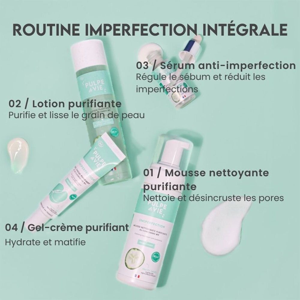 Différents produits: Mousse nettoyante, Lotion purifiante, Sérum anti-imperfection, Gel-crème purifiant. Texte: PULPE DE VIE.