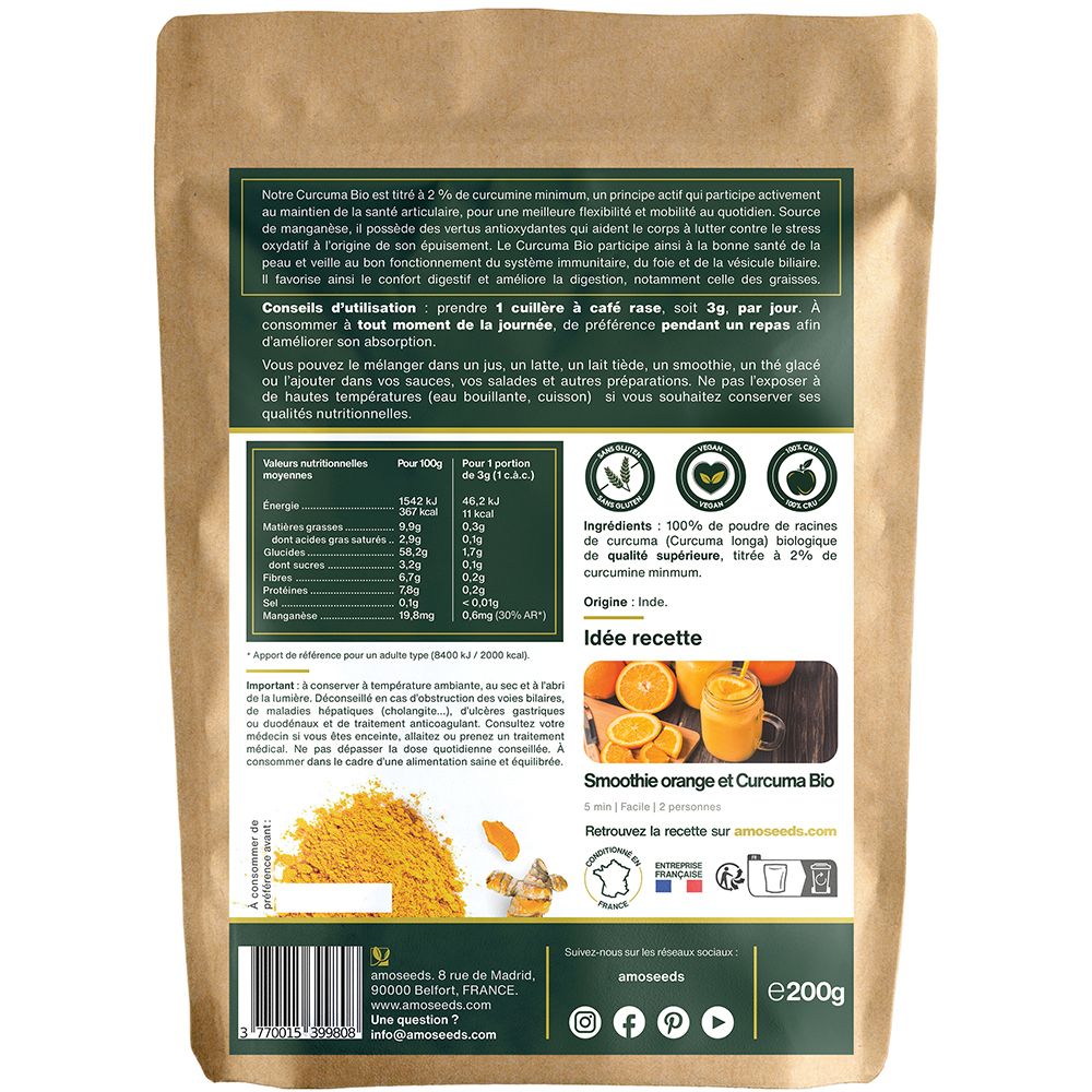 Dos du sachet de poudre de curcuma. Texte, informations nutritionnelles, ingrédients, origine. Idée recette : Smoothie Orange et Curcuma Bio. e200g.