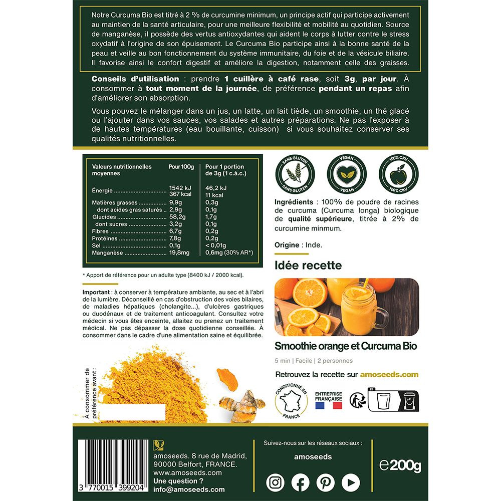Dos du sachet de poudre de curcuma. Texte, informations nutritionnelles, ingrédients, origine. Idée recette : Smoothie Orange et Curcuma Bio. e200g.
