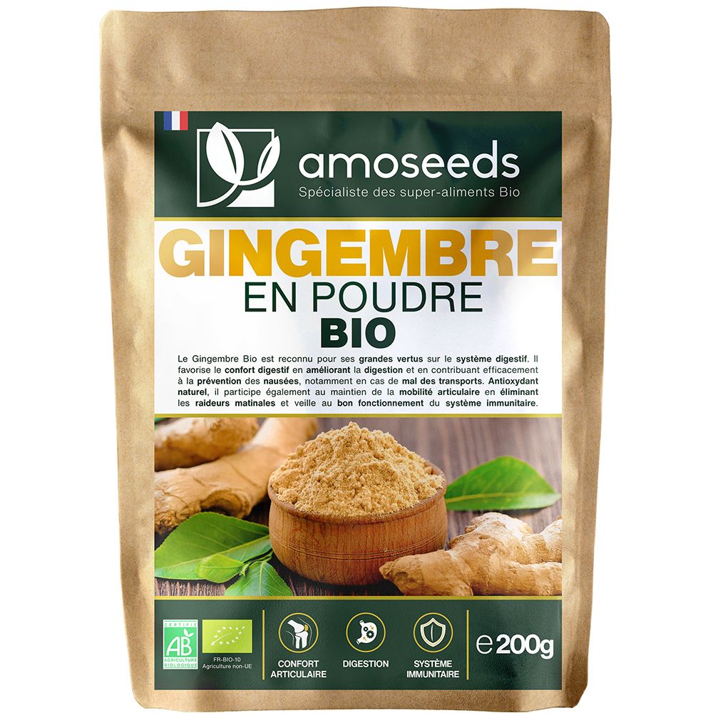 Sachet en papier brun avec impression. Contient de la poudre de gingembre. Label avec logo et texte: Gingembre en Poudre Bio. Label bio.