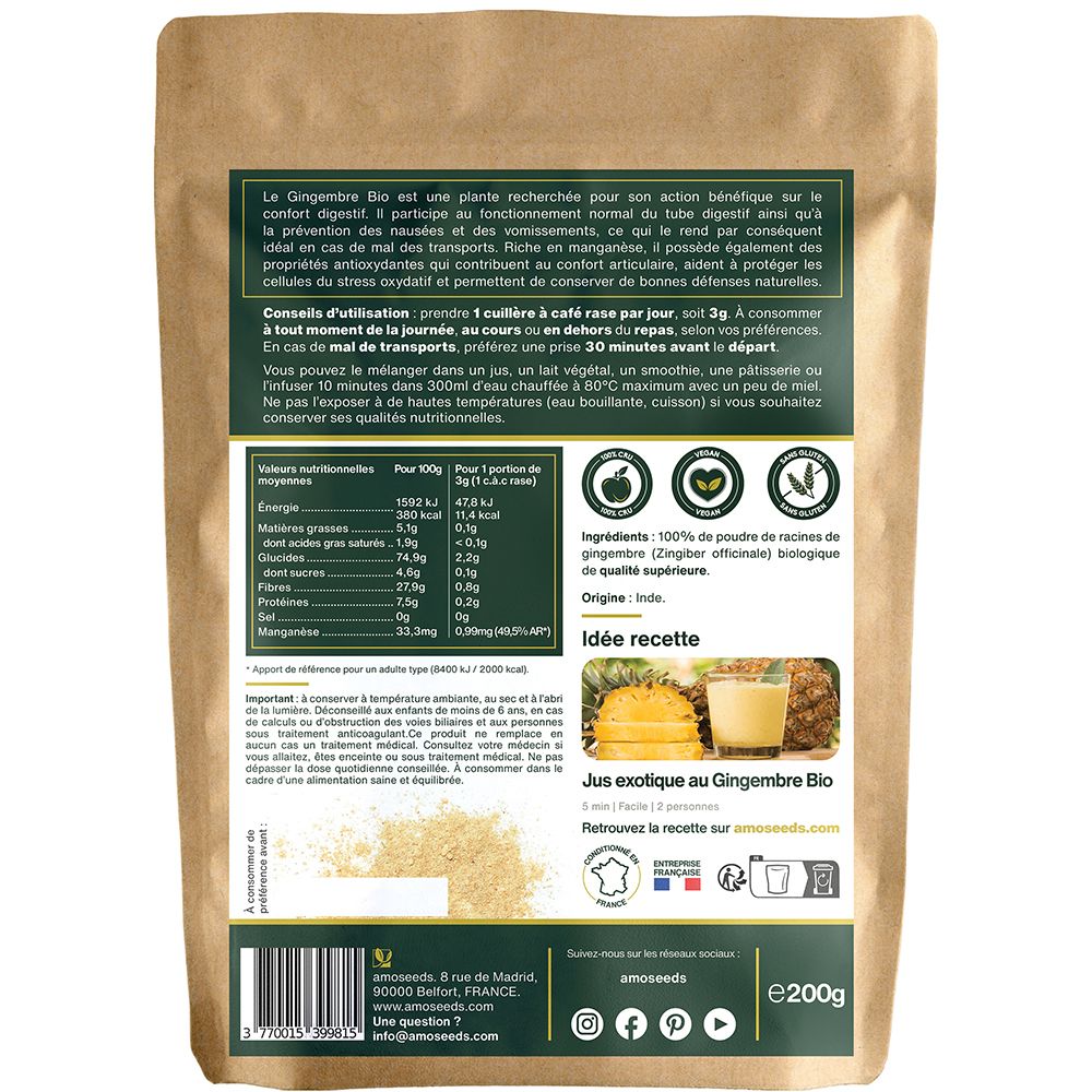 Dos du sachet en papier. Contient des informations nutritionnelles, ingrédients et préparation. Suggestion de recette de jus de gingembre.