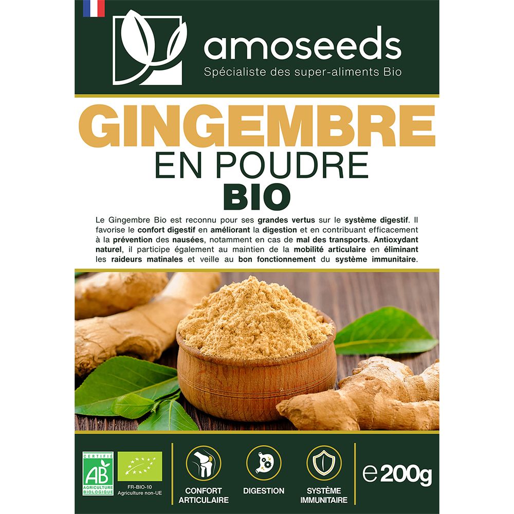 Sachet en papier brun avec impression. Contient de la poudre de gingembre. Label avec logo et texte: Gingembre en Poudre Bio. Label bio.
