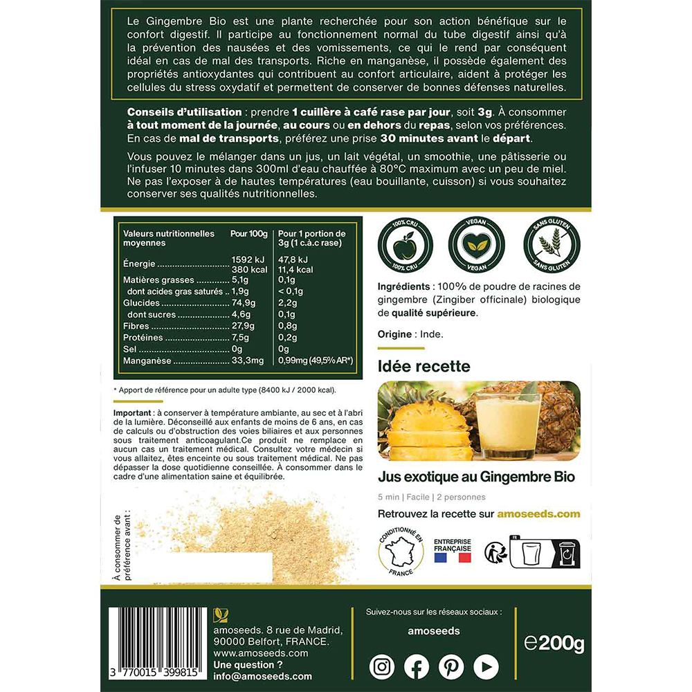 Dos du sachet en papier. Contient des informations nutritionnelles, ingrédients et préparation. Suggestion de recette de jus de gingembre.