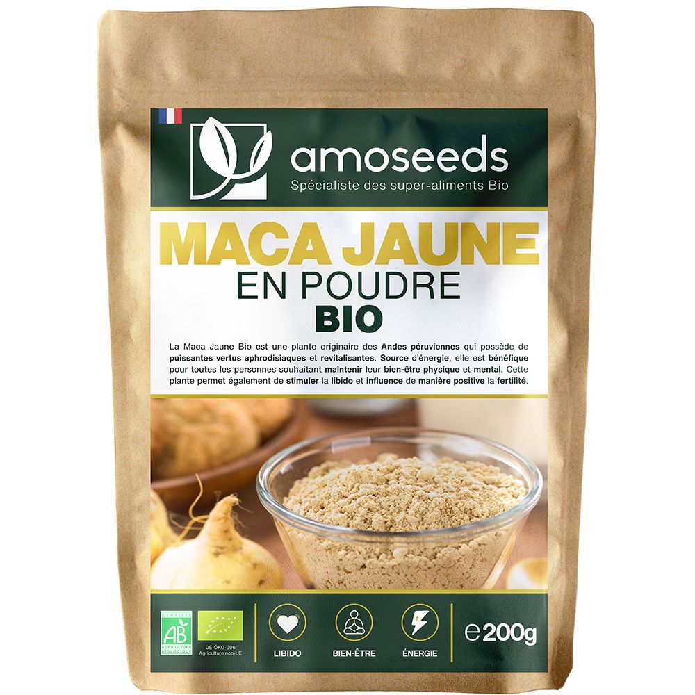 Sachet de poudre Amoseeds Maca Jaune Bio. Inscription : Maca Jaune Bio, certification AB, 200g.