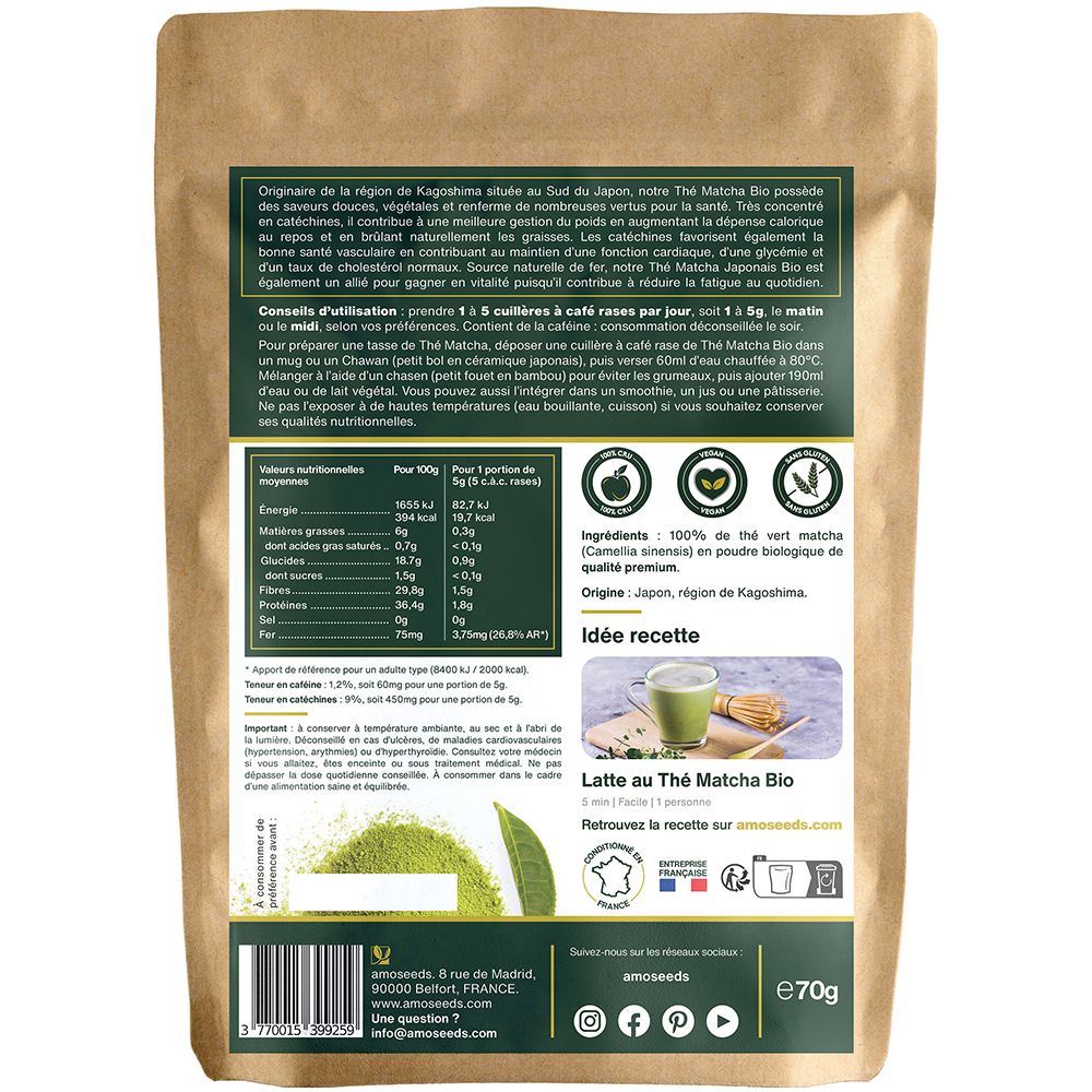 AROMASEEDS Thé Matcha Japonais en Poudre Bio Premium