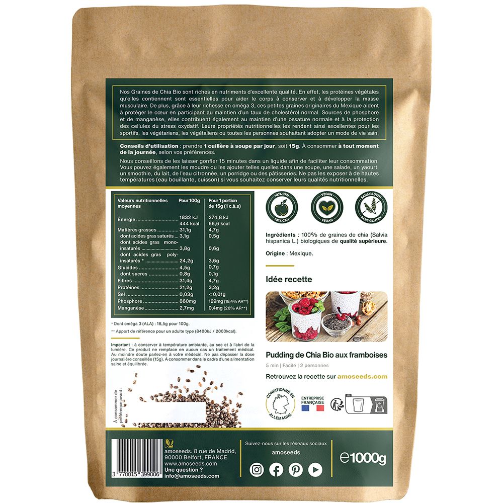 Dos du paquet de GRAINES DE CHIA BIO amoseeds. Informations nutritionnelles, ingrédients, recette et logo.