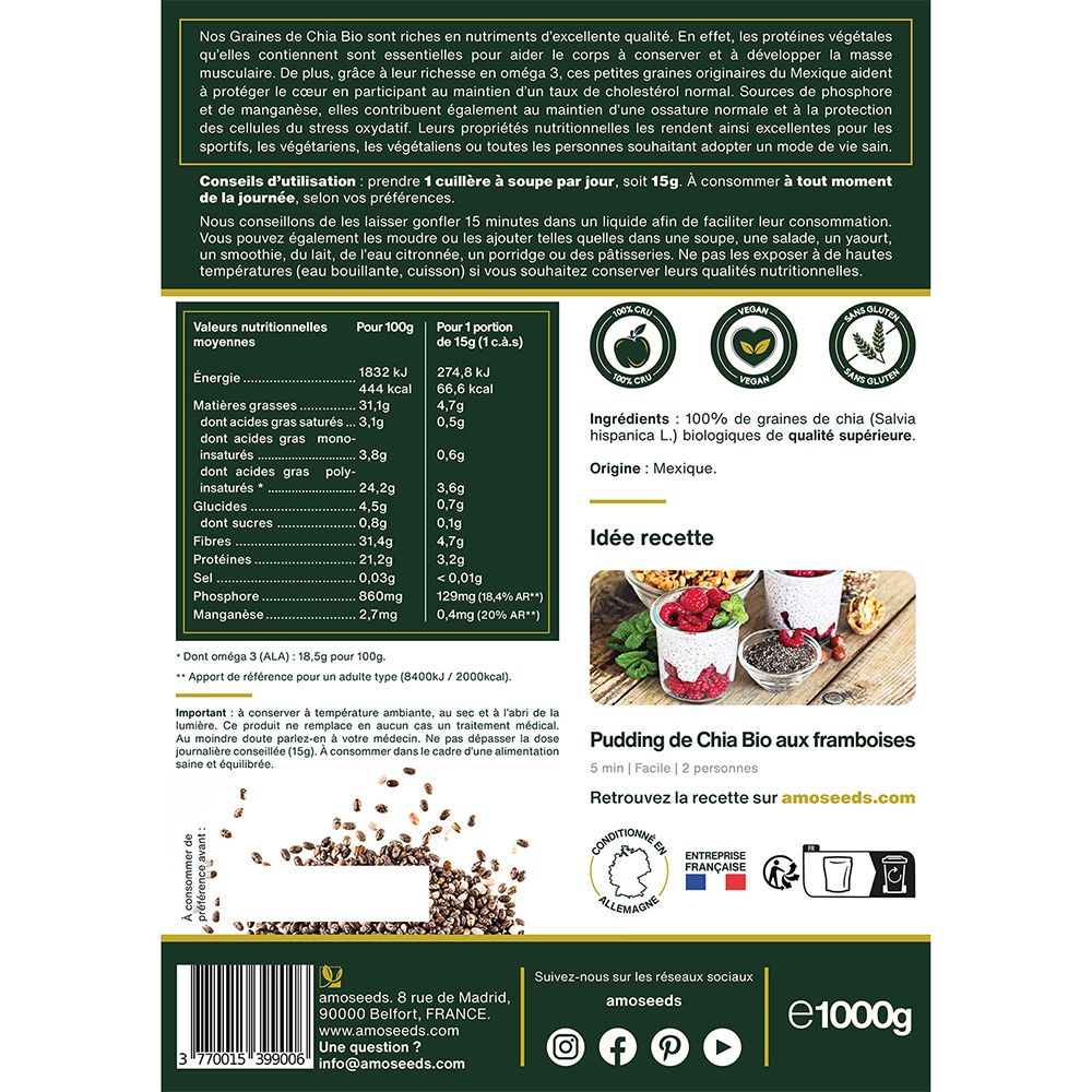 Dos du paquet de GRAINES DE CHIA BIO amoseeds. Informations nutritionnelles, ingrédients, recette et logo.