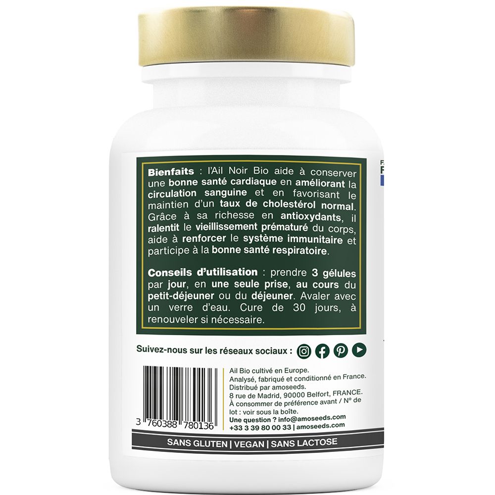 Dos du flacon. Texte sur les bienfaits, conseils d'utilisation et ingrédients. Sans gluten, vegan, sans lactose.