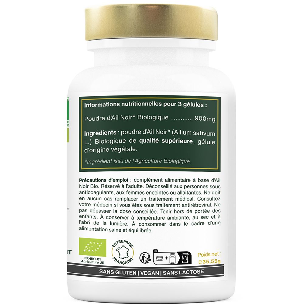 Dos du flacon. Informations nutritionnelles et précautions d'emploi. Sans gluten, vegan, sans lactose.