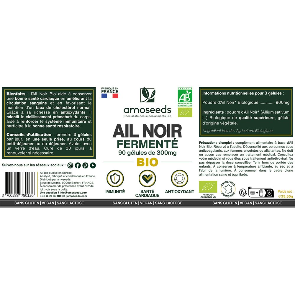 Étiquette avec informations produit: AIL NOIR FERMENTÉ BIO, 90 gélules. Label AB Bio. Sans gluten, vegan, sans lactose.