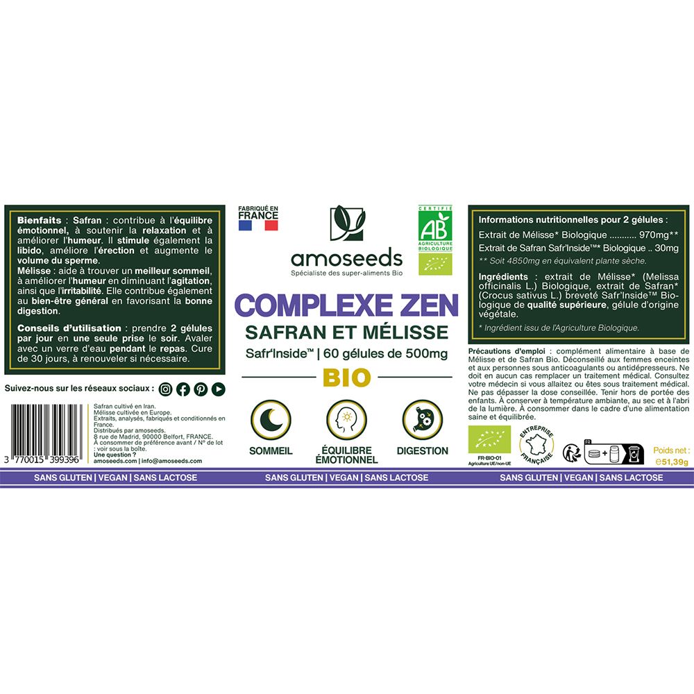 amoseeds COMPLEXE ZEN BIO, SAFRAN ET MÉLISSE