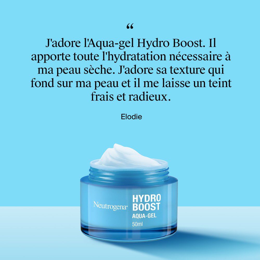 Pot ouvert de Neutrogena Hydro Boost Aqua-Gel. Citation : J'adore l'Aqua-gel Hydro Boost. Il hydrate ma peau sèche.