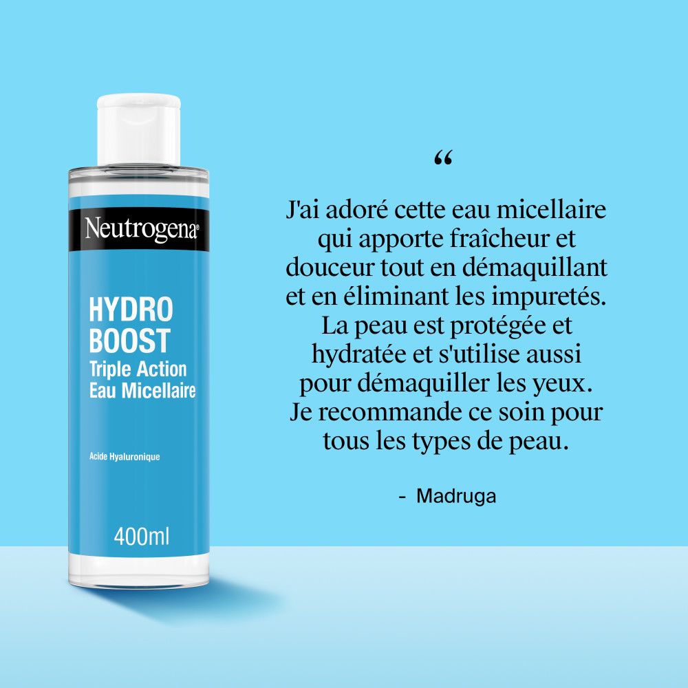 Flacon Neutrogena Hydro Boost Eau Micellaire. Citation: J'adore cette eau micellaire. Pour tous types de peau.