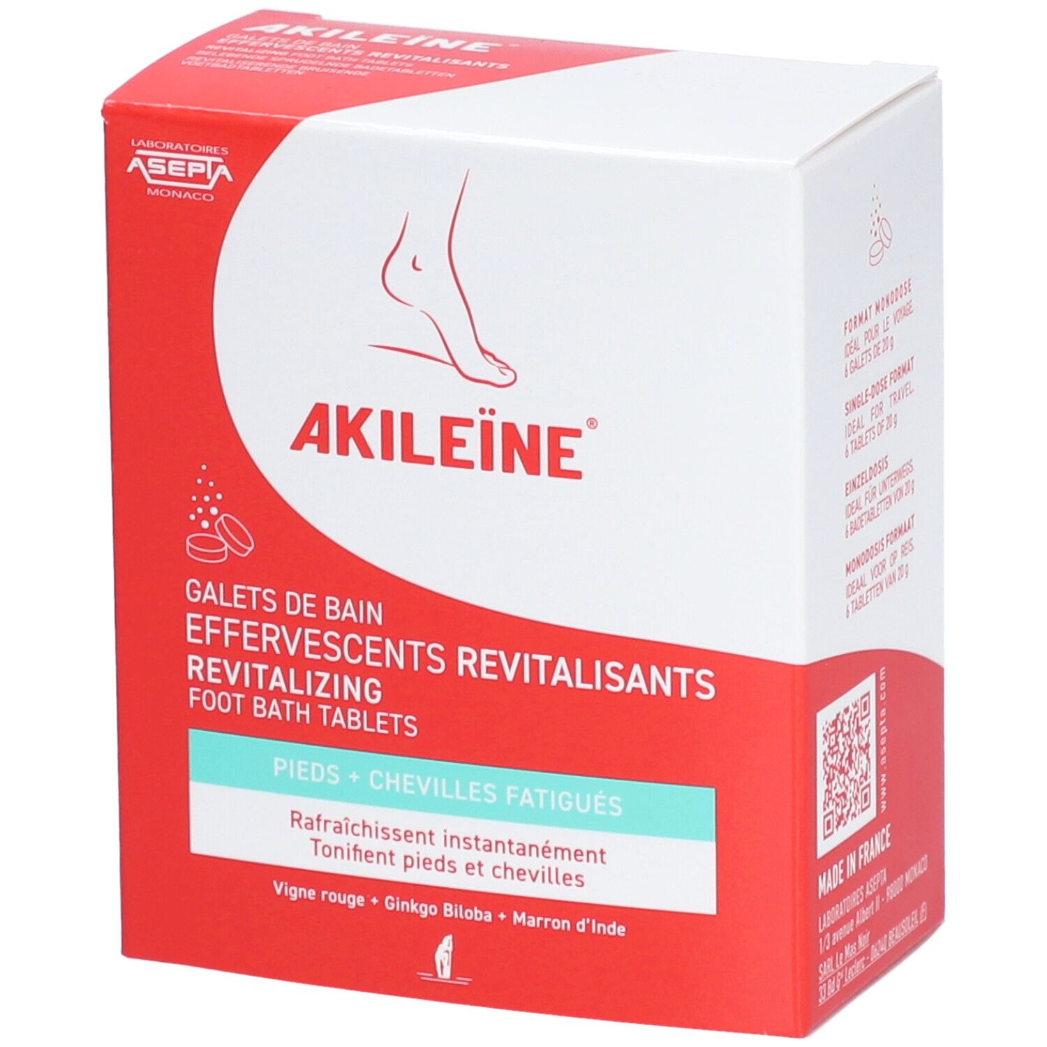 Boîte rouge et blanche, nom du produit et illustration de pied. Texte: Galets de Bain Effervescents Revitalisants, pieds + chevilles fatiguées.