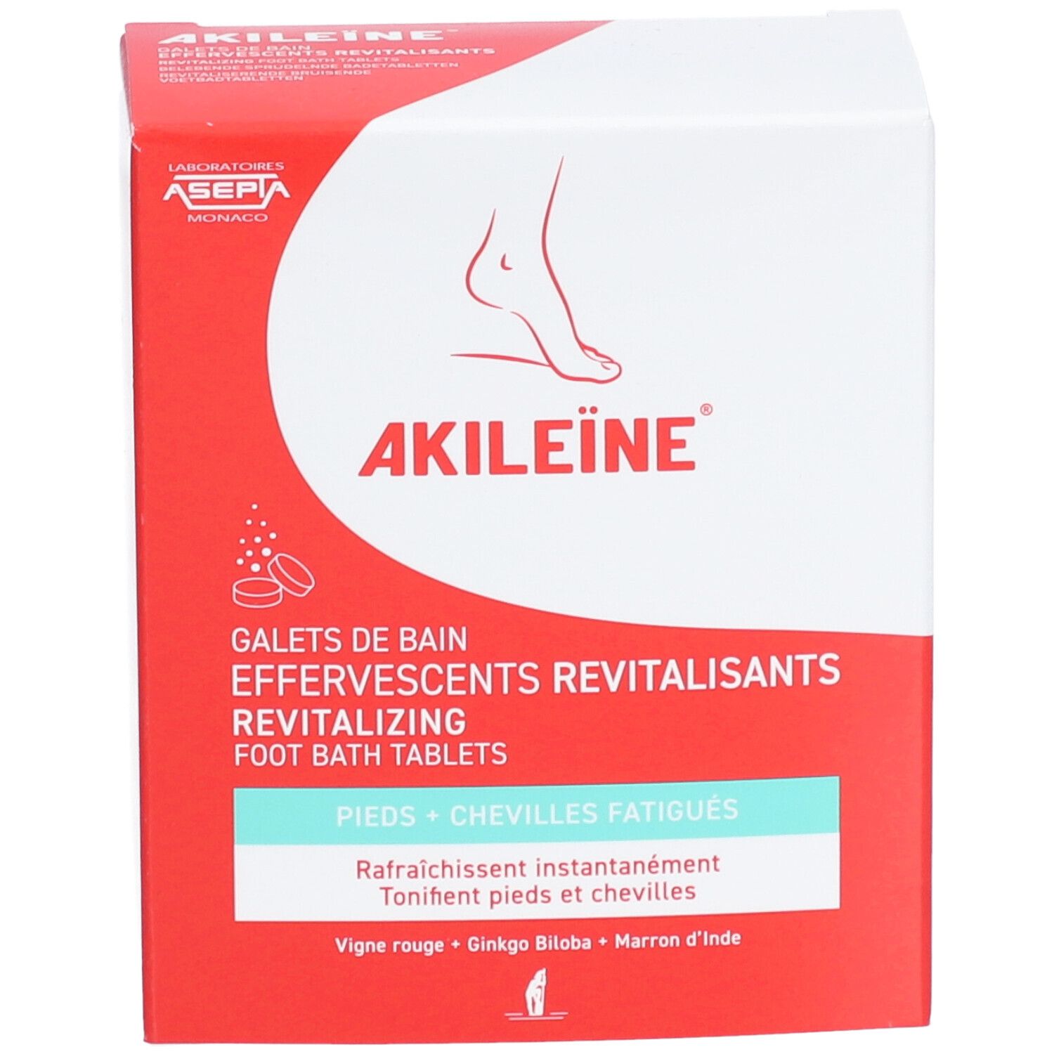 Emballage du produit avec texte et illustrations. Informations sur les ingrédients et l'utilisation. Couleurs rouge et blanc.