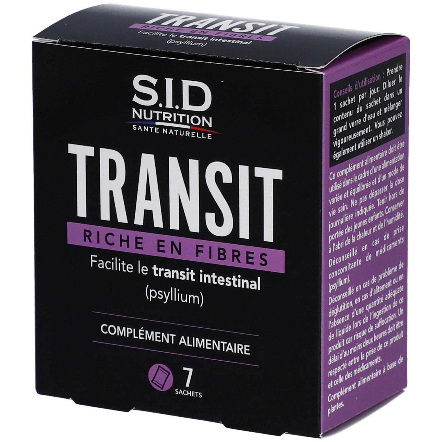 Boîte de Transit Riche en Fibres de SID Nutrition. Contient 7 sachets. Texte: 'Facilite le transit intestinal (psyllium)'.