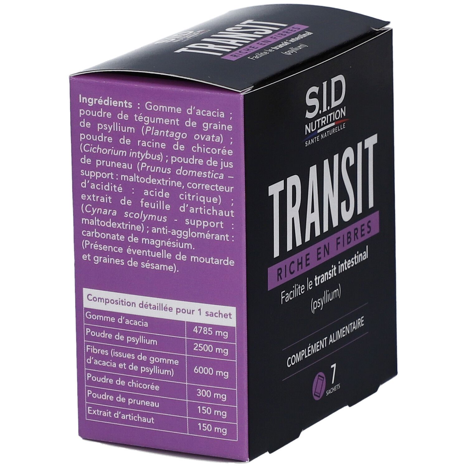 Boîte avec liste des ingrédients de Transit SID Nutrition. Contient gomme d'acacia, psyllium, chicorée, prune, artichaut.