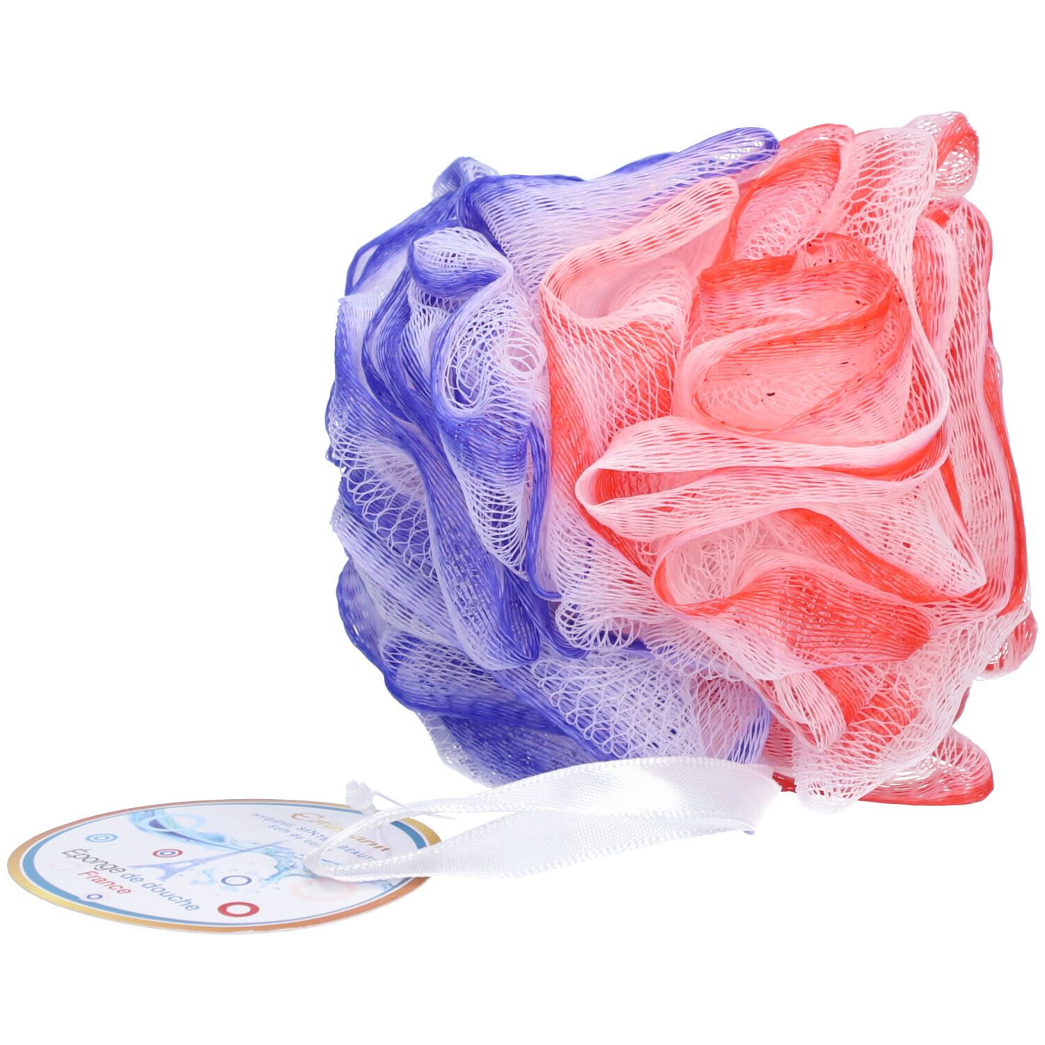 Éponge de douche bicolore, rouge et bleu. Avec ruban blanc et étiquette.