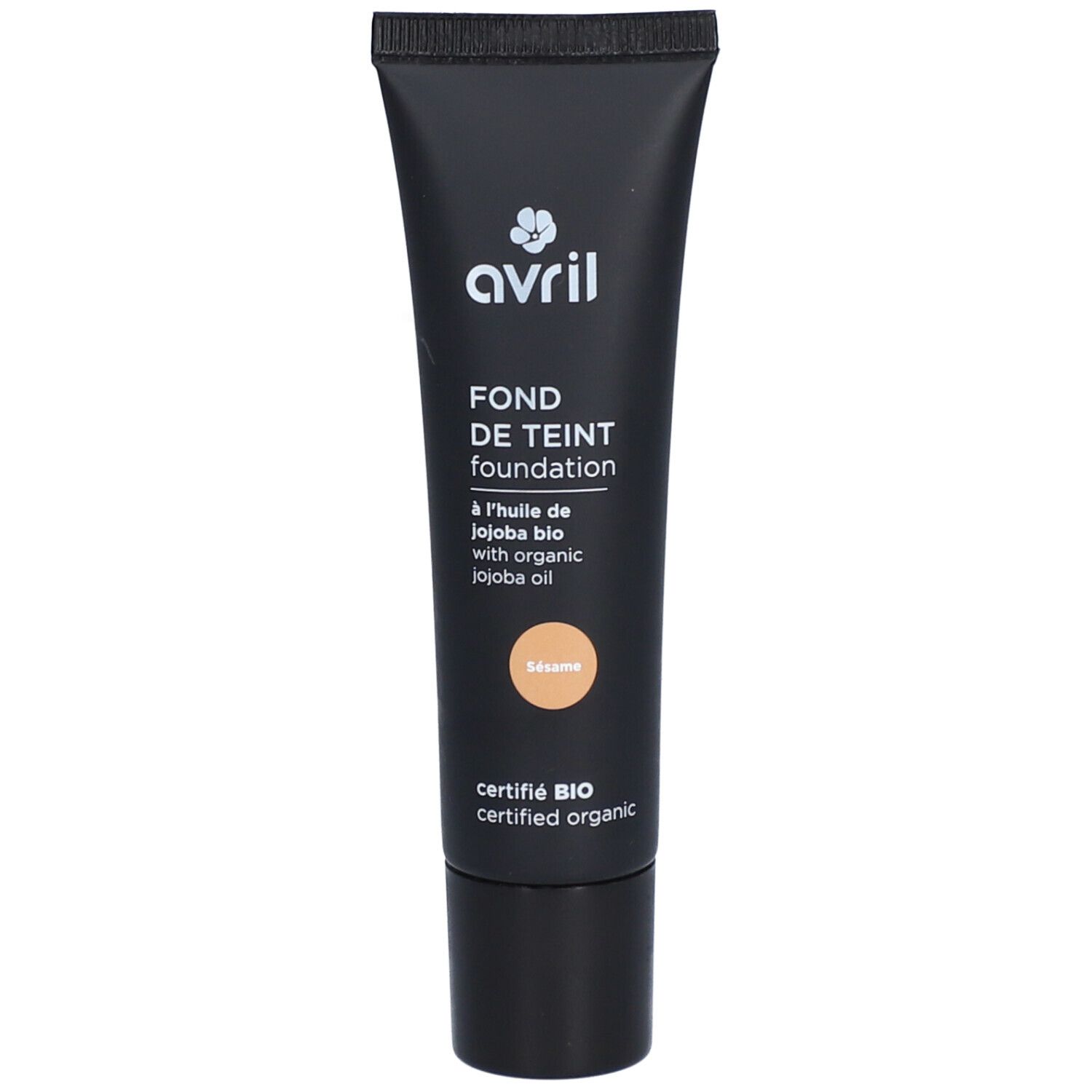 Tube de fond de teint noir. Inscription: Avril, Fond de Teint, Sésame. Certification bio.