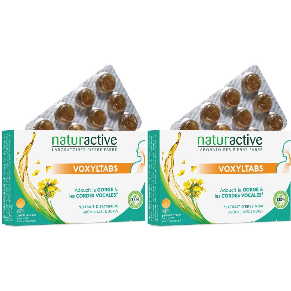 Deux boîtes de Naturactive VoxylTabs. Chaque boîte contient des comprimés en plaquettes. Inscription : Adoucit la GORGE & les CORDES VOCALES.