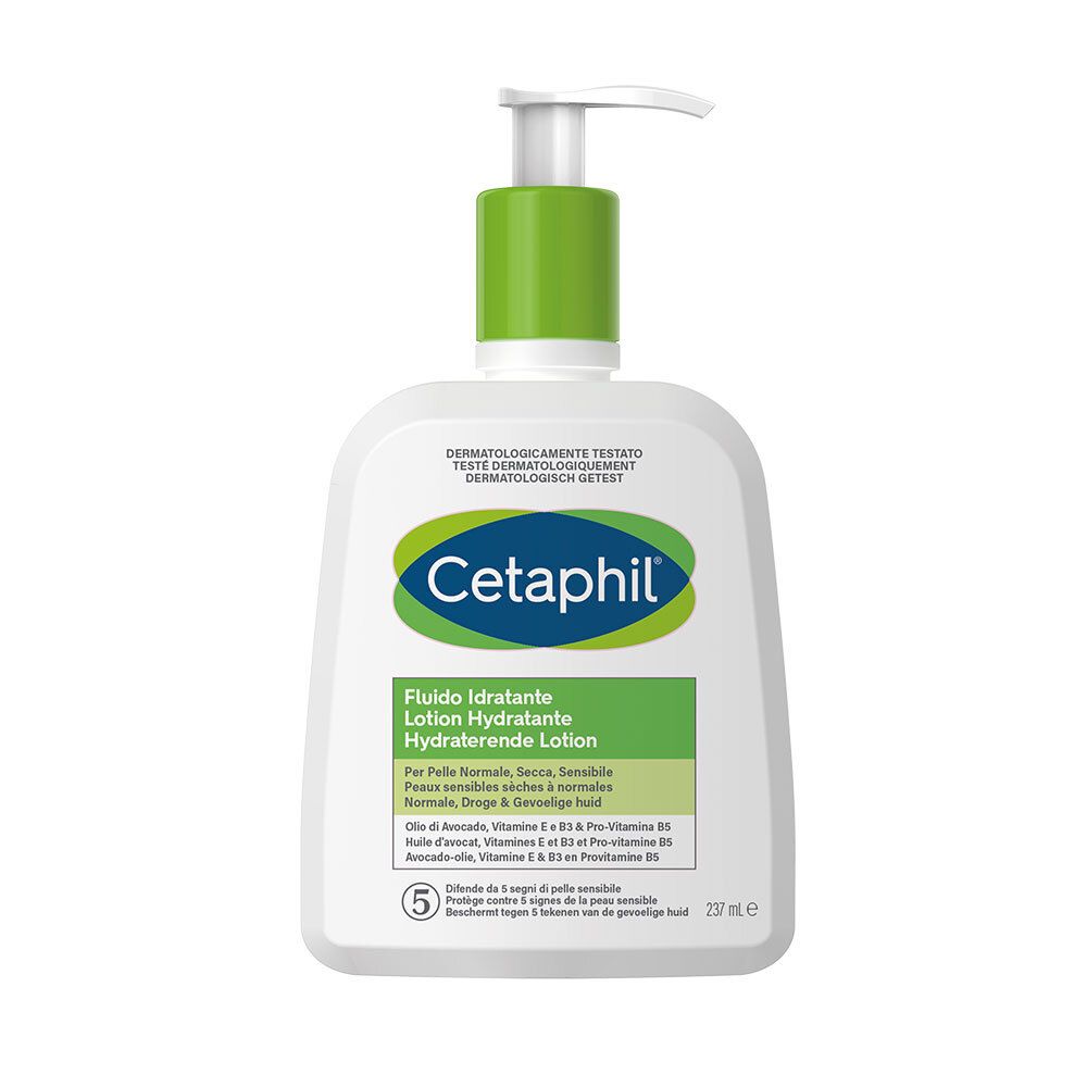 Flacon de Cetaphil Lotion Hydratante. Design blanc avec pompe et étiquette vertes. Texte : Cetaphil, Fludio Idratante, Lotion Hydratante.