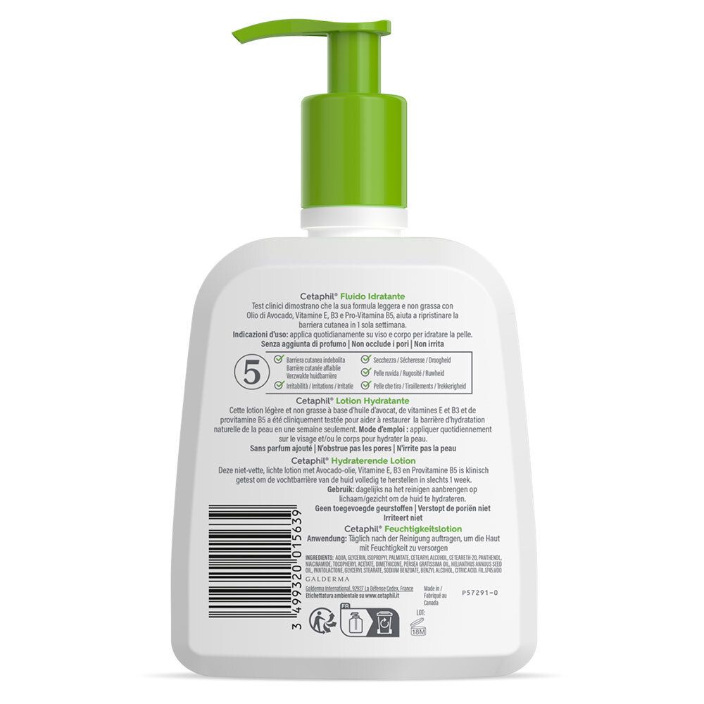 Dos du flacon de Cetaphil Lotion Hydratante. Contient du texte multilingue, un code-barres et des symboles. Pompe verte.