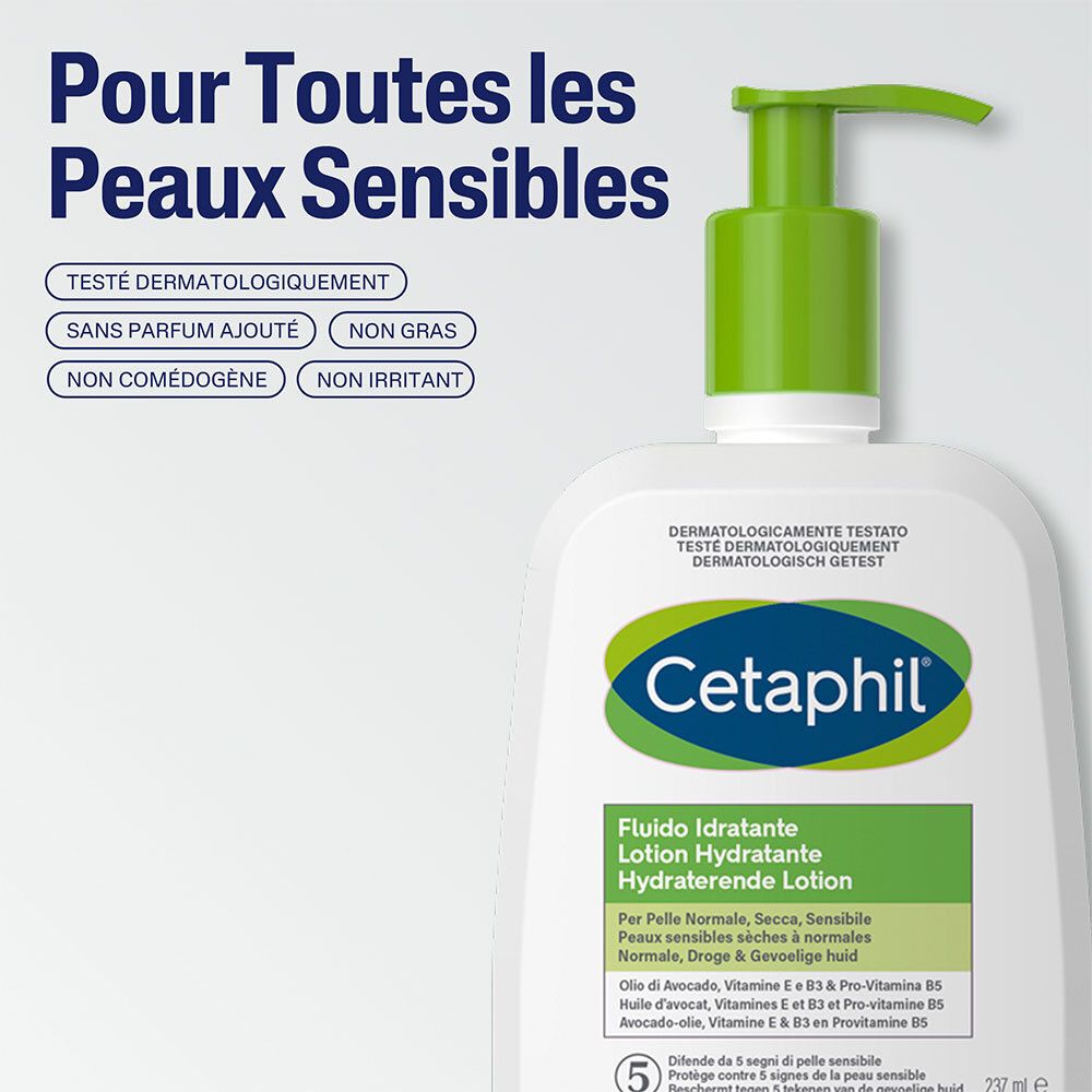 Flacon de Cetaphil Lotion Hydratante avec texte : Pour Toutes les Peaux Sensibles. Testé dermatologiquement, sans parfum, non gras, non comédogène.