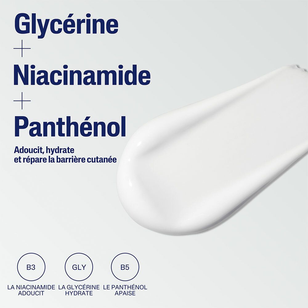 Gros plan de la lotion. Texte : Glycérine + Niacinamide + Panthénol. Adoucit, hydrate et répare la barrière cutanée. B3, GLY, B5.