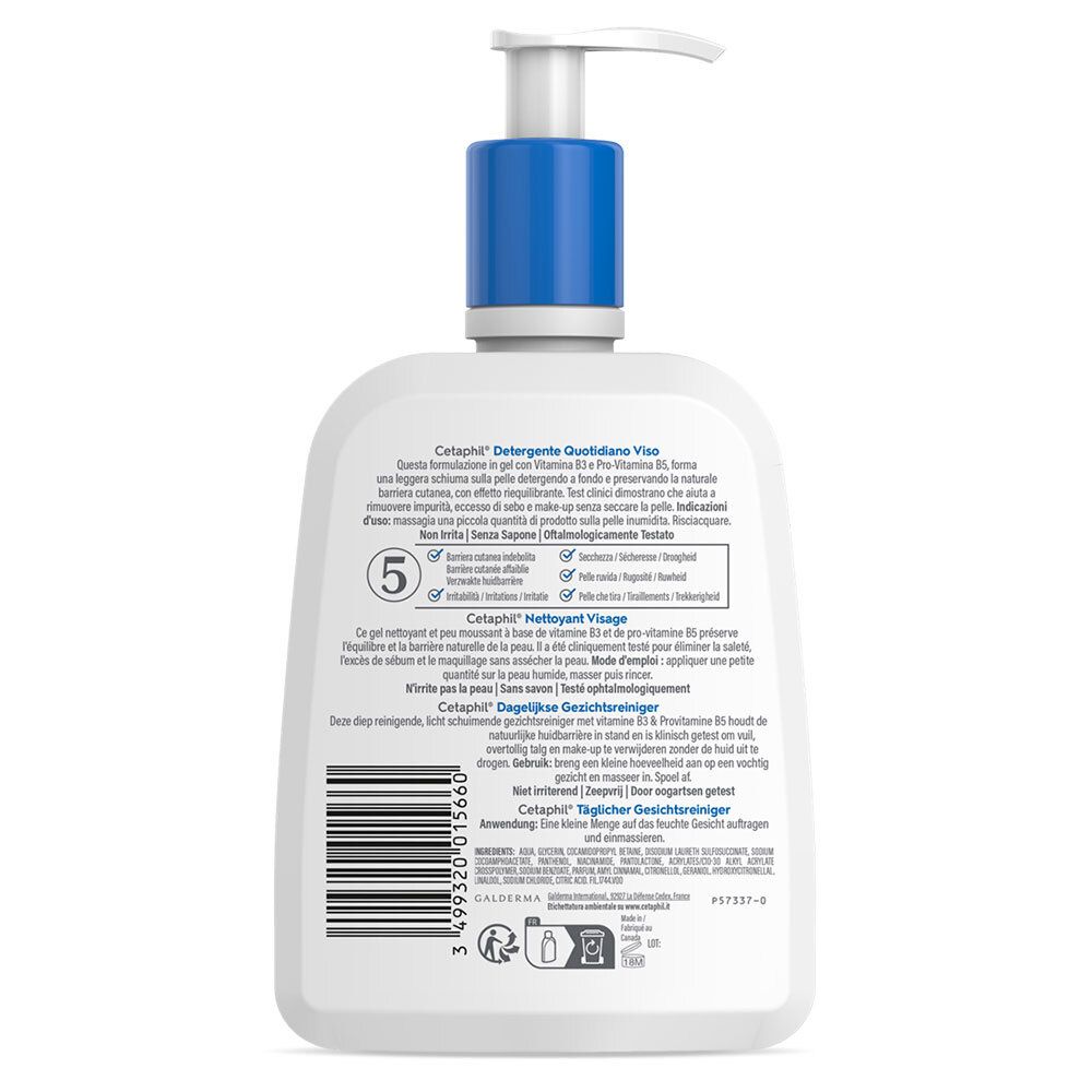 Dos du flacon de nettoyant visage Cetaphil. Texte: ingrédients, instructions d'utilisation, tests dermatologiques. Avec code-barres et symboles de recyclage.