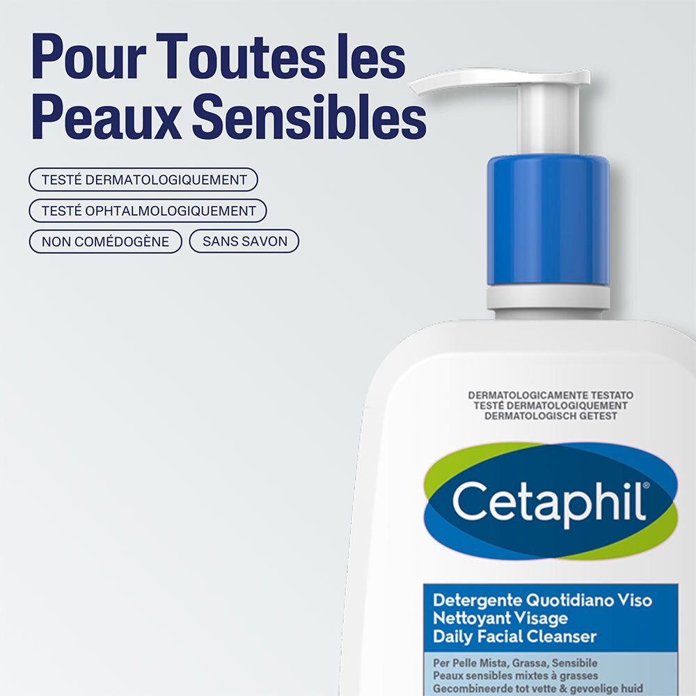 Gros plan sur le flacon de nettoyant visage Cetaphil. Texte: Pour toutes les peaux sensibles. Testé, non comédogène, sans savon. Marque Cetaphil.