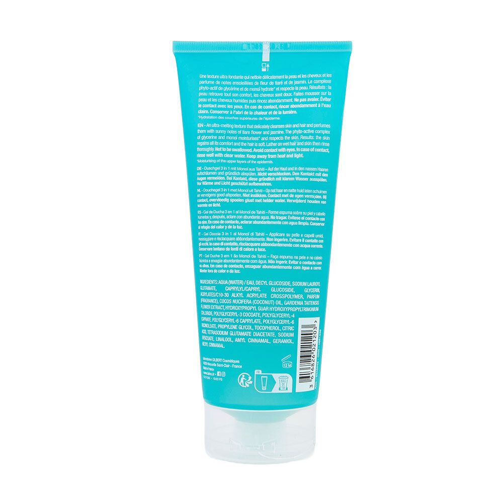 Dos d'un tube turquoise. Texte multilingue. Ingrédients et symboles de recyclage.