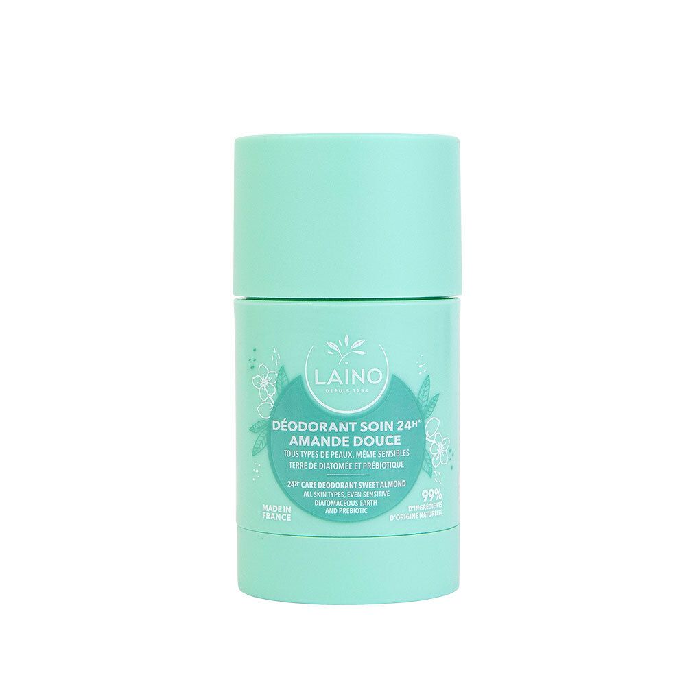 Déodorant en stick turquoise. Inscription : Laino, Déodorant Soin 24h Amande Douce. Illustrations de fleurs blanches. Fabriqué en France.