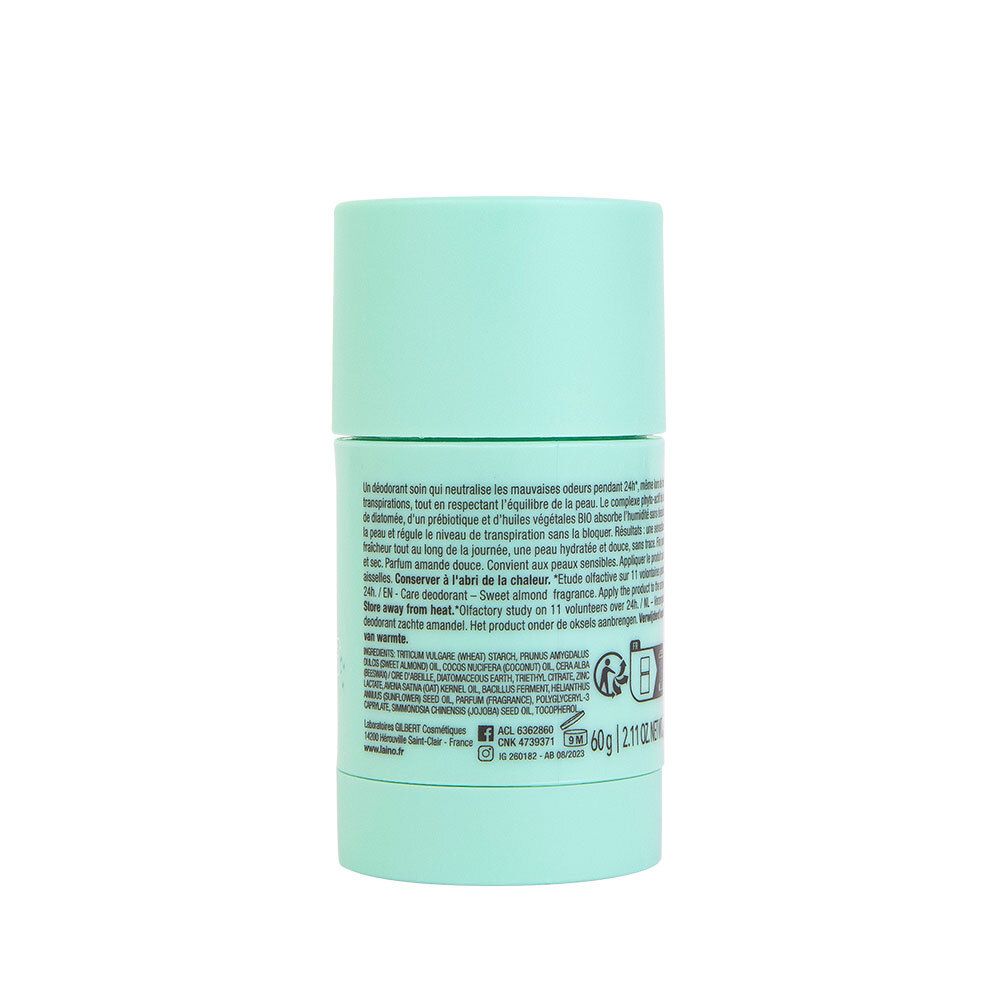 Dos du stick de déodorant turquoise. Informations textuelles, ingrédients, adresse du fabricant. Poids : 60g. 2.11 OZ NET WT. Code-barres.