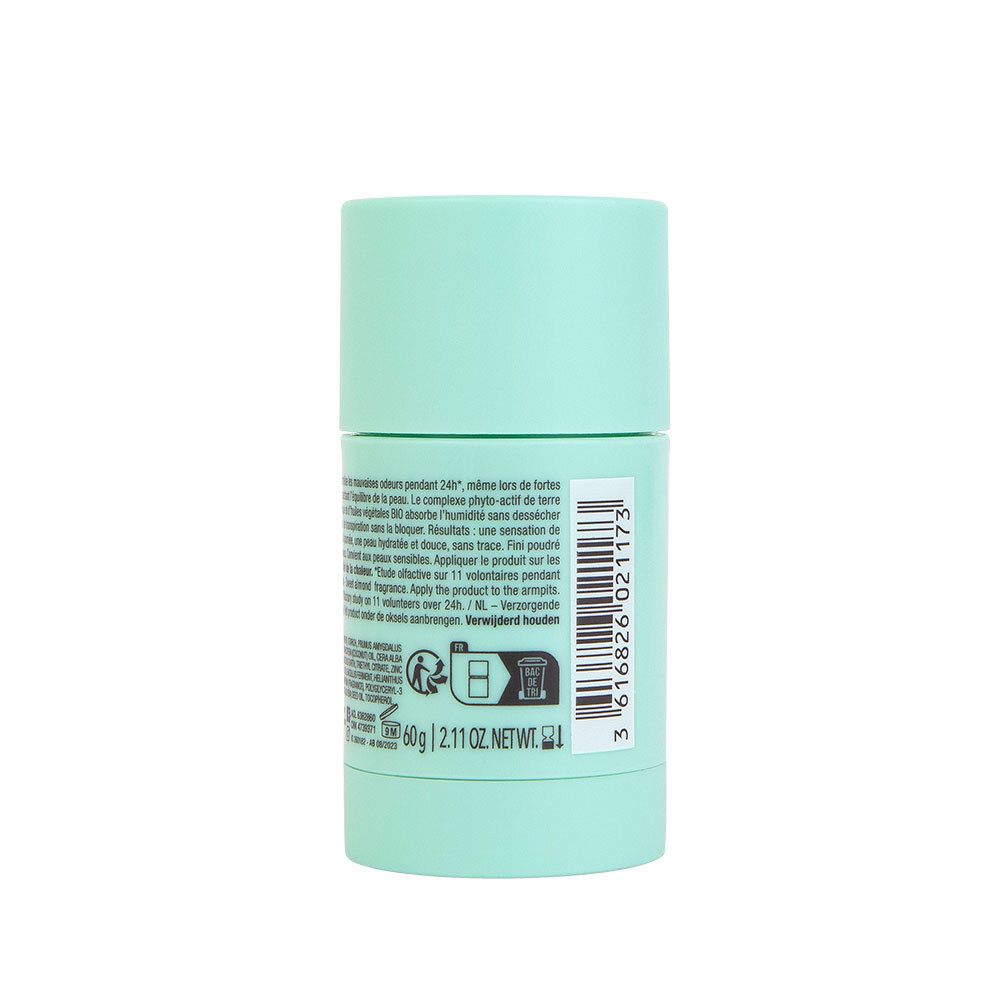 Dos du stick de déodorant turquoise. Informations textuelles, ingrédients, adresse du fabricant. Poids : 60g. 2.11 OZ NET WT. Code-barres.