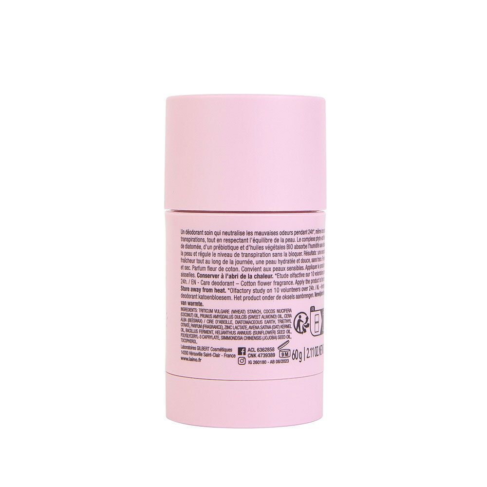 Dos du stick de déodorant rose. Texte avec ingrédients et informations.