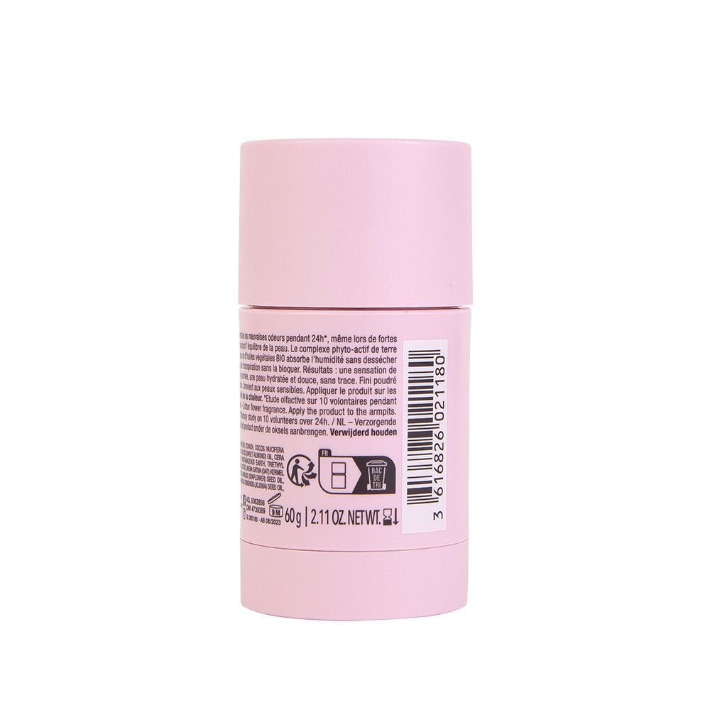 Dos du stick de déodorant rose. Texte avec ingrédients et informations.