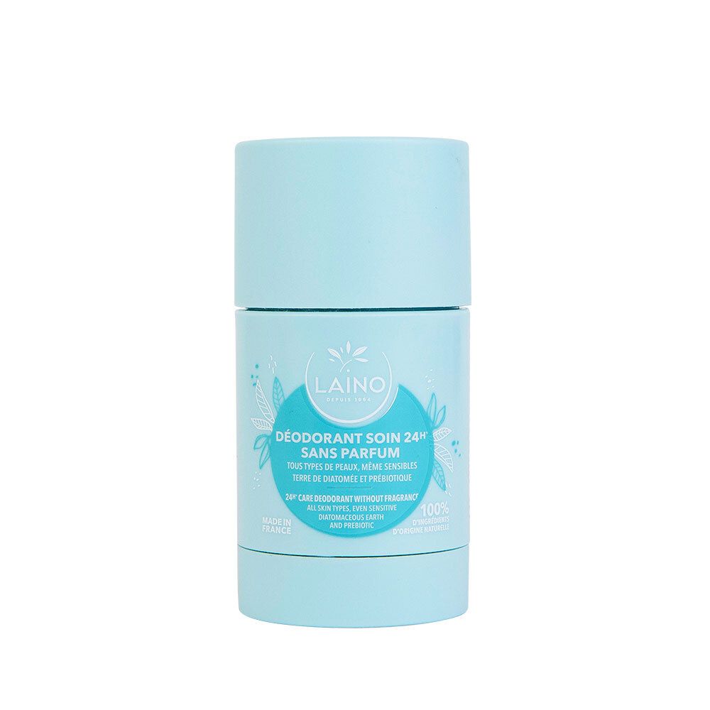 Déodorant bleu clair cylindrique. Inscription: LAINO, Déodorant Soin 24H Sans Parfum. Emballage en carton.