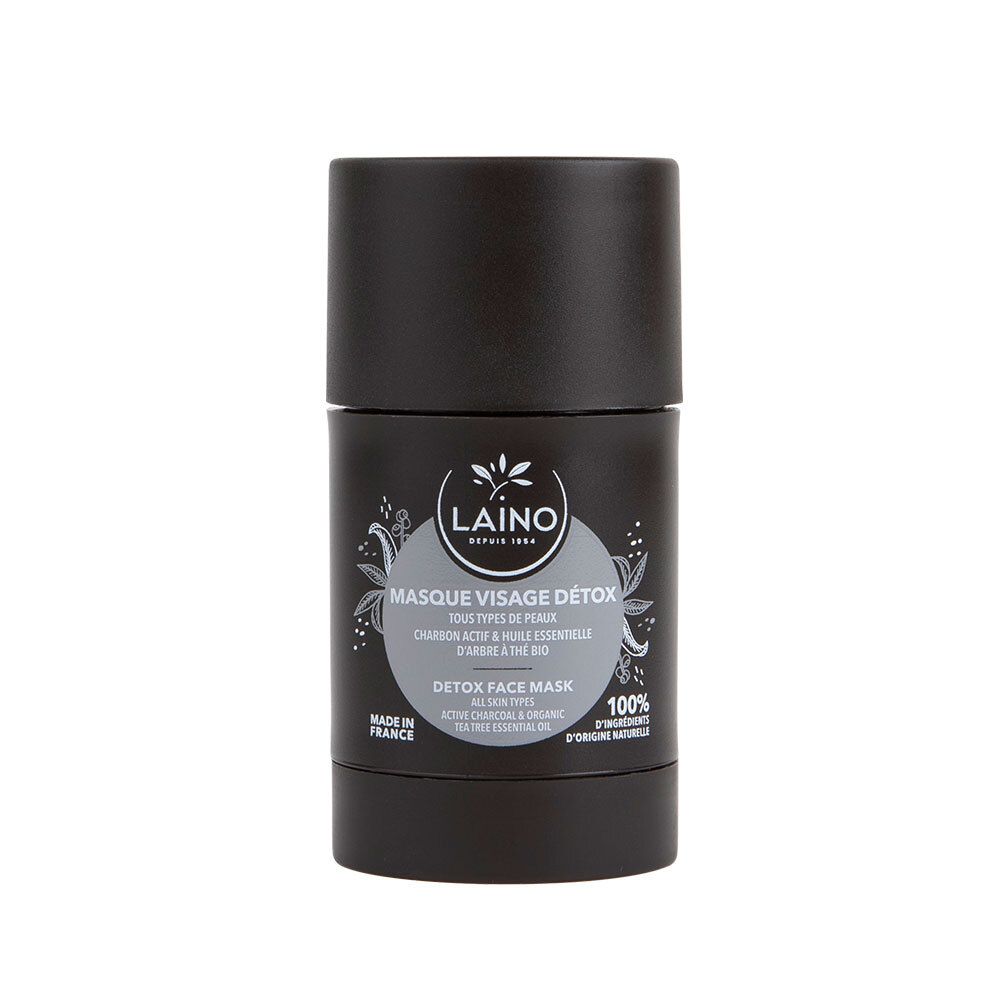 Emballage cylindrique noir. Inscriptions: Laino, Masque Visage Détox, Detox Face Mask. 100% ingrédients d'origine naturelle.