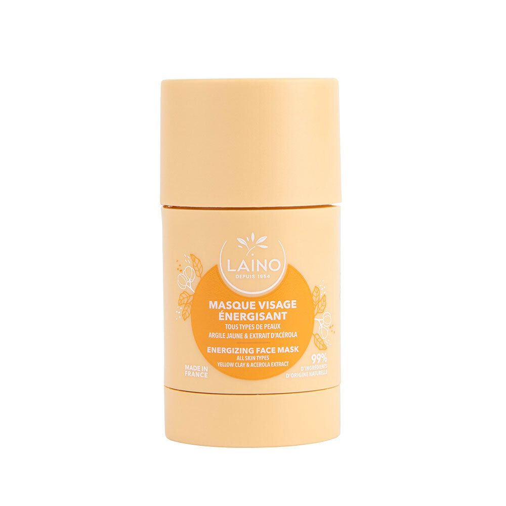 Emballage cylindrique jaune. Inscription : LAINO, Masque Visage Énergisant, Energizing Face Mask. Cercle orange.