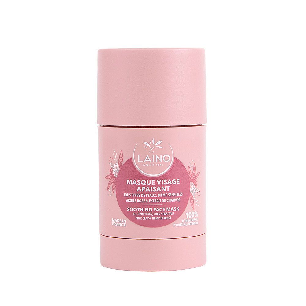 Stick rose pour masque visage. Inscription : LAINO, Masque Visage Apaisant. Pour tous types de peaux. Fabriqué en France.