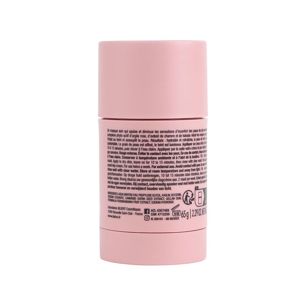 Dos du stick de masque facial rose. Texte avec ingrédients et utilisation. Poids : 65g / 2.29 oz.