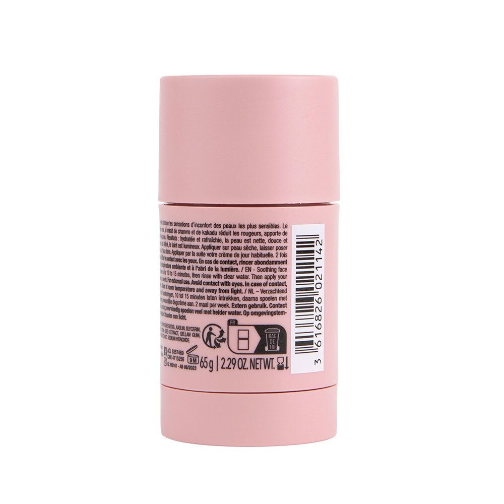 Dos du stick de masque facial rose. Texte avec ingrédients et utilisation. Poids : 65g / 2.29 oz.