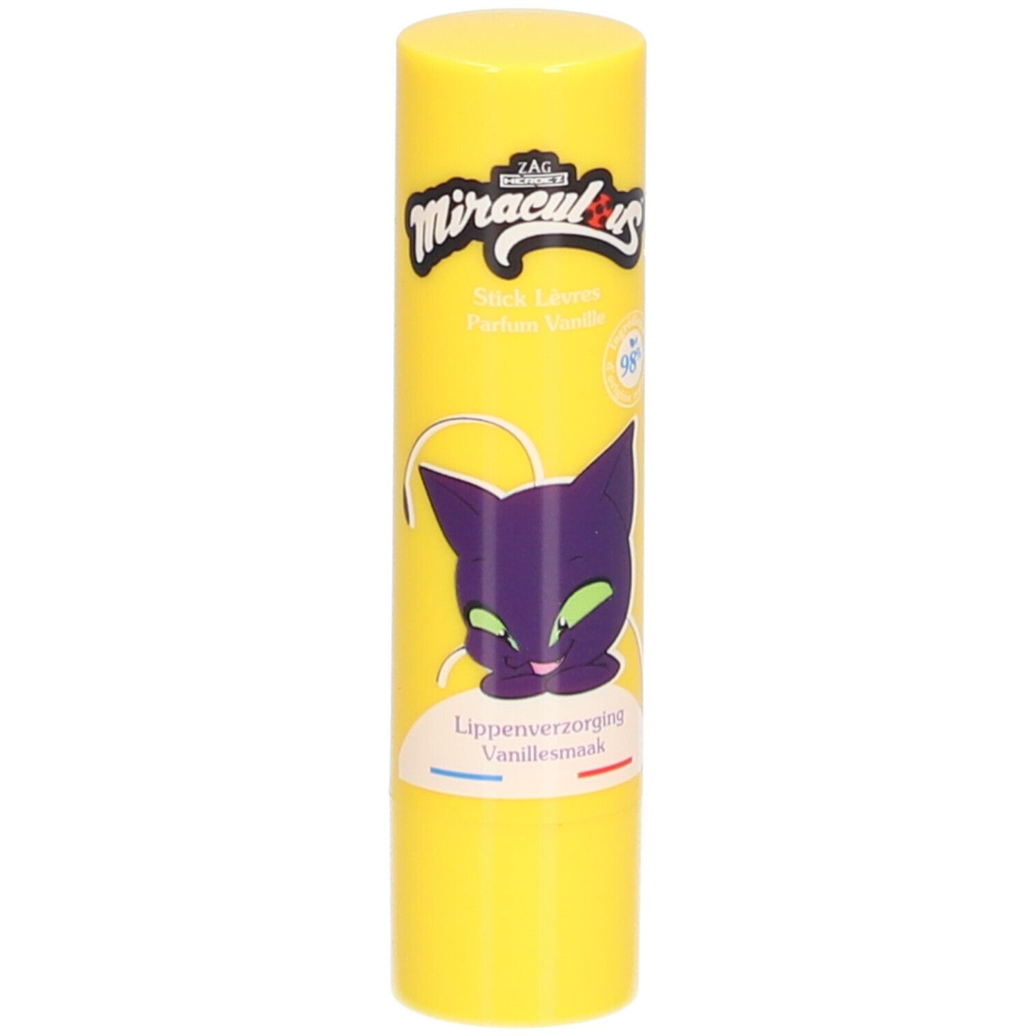 Stick à lèvres jaune avec impression. Comprend un dessin animé de chat violet et le texte "Miraculous".
