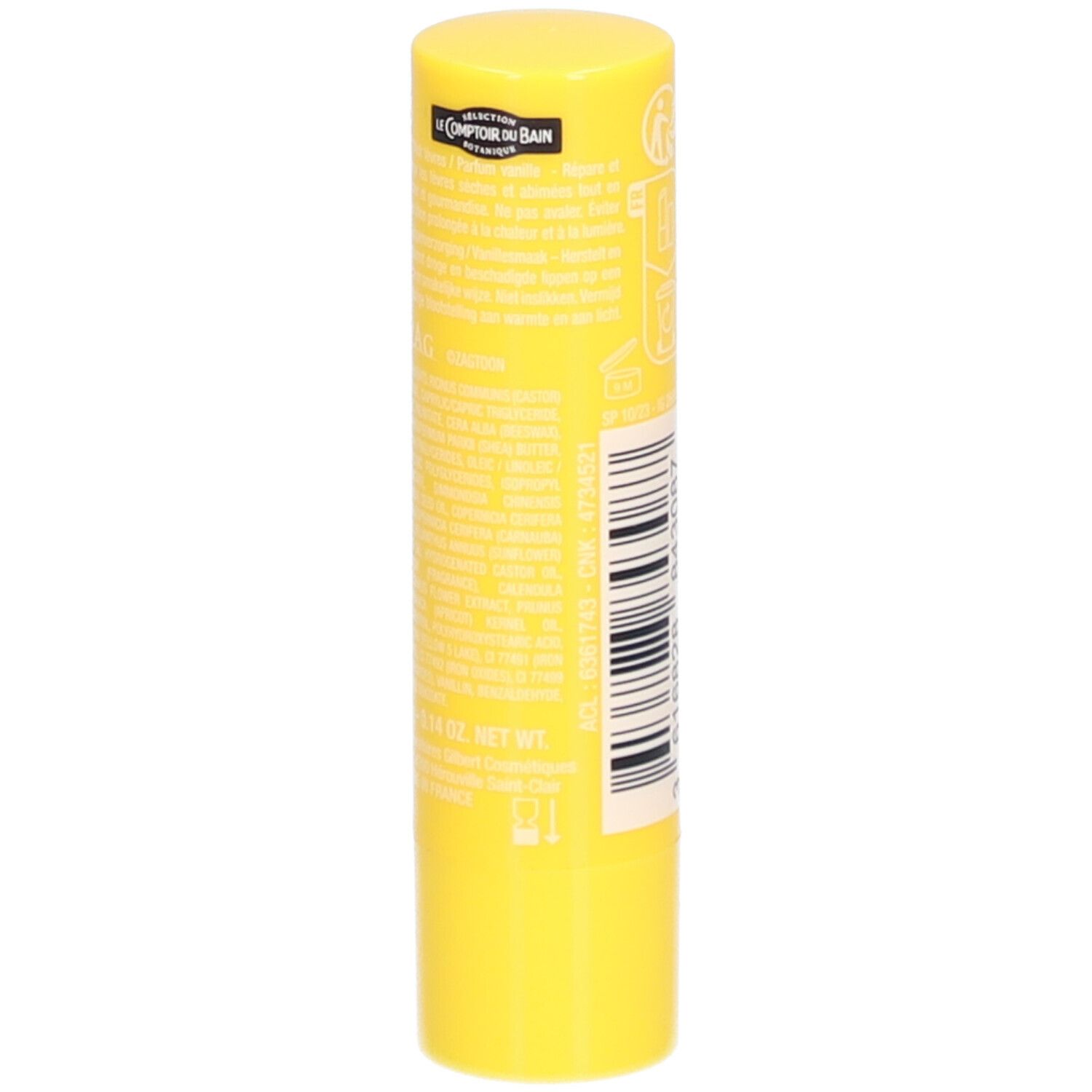 Stick à lèvres jaune avec texte et code-barres. Contient des informations sur le produit et le logo "Le Comptoir du Bain".