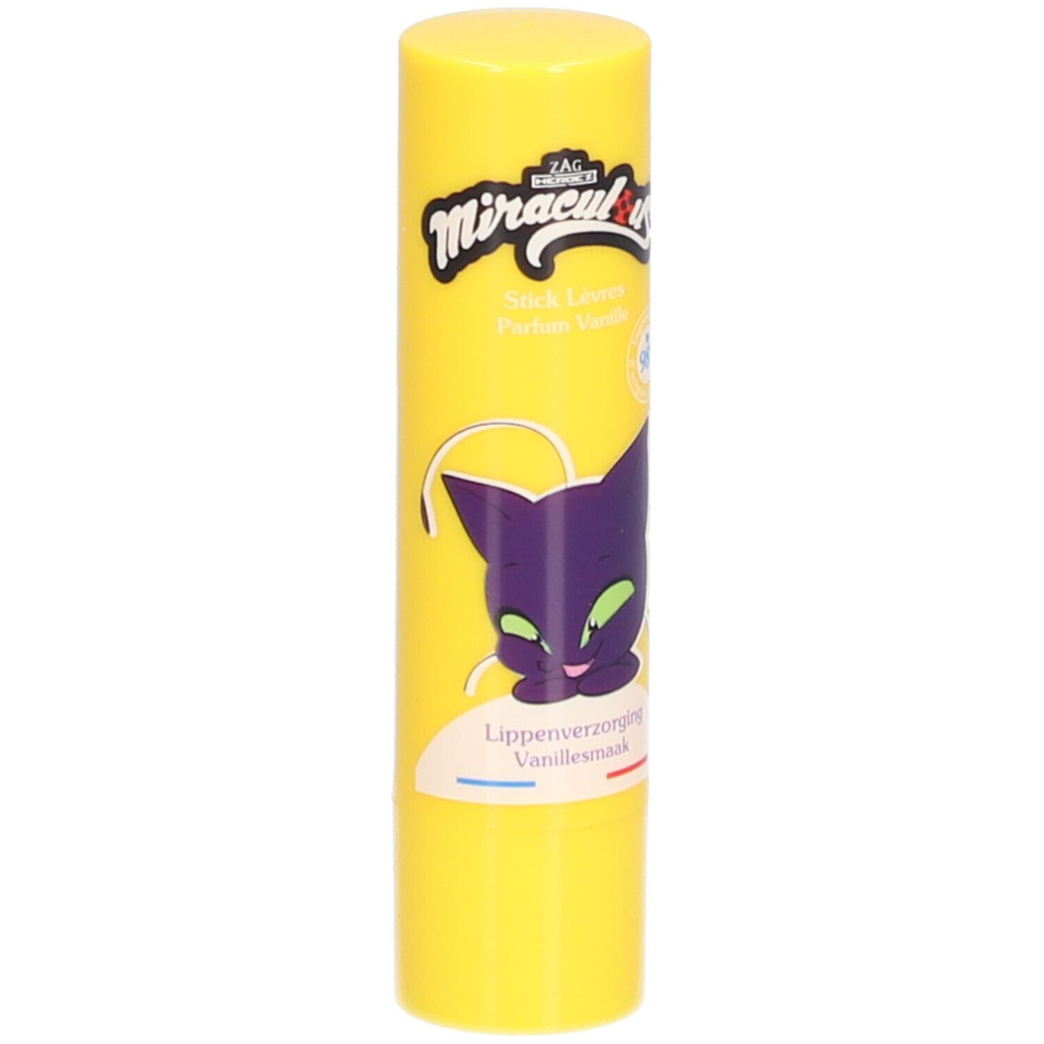 Stick à lèvres jaune avec impression. Comprend un dessin animé de chat violet et le texte "Miraculous".