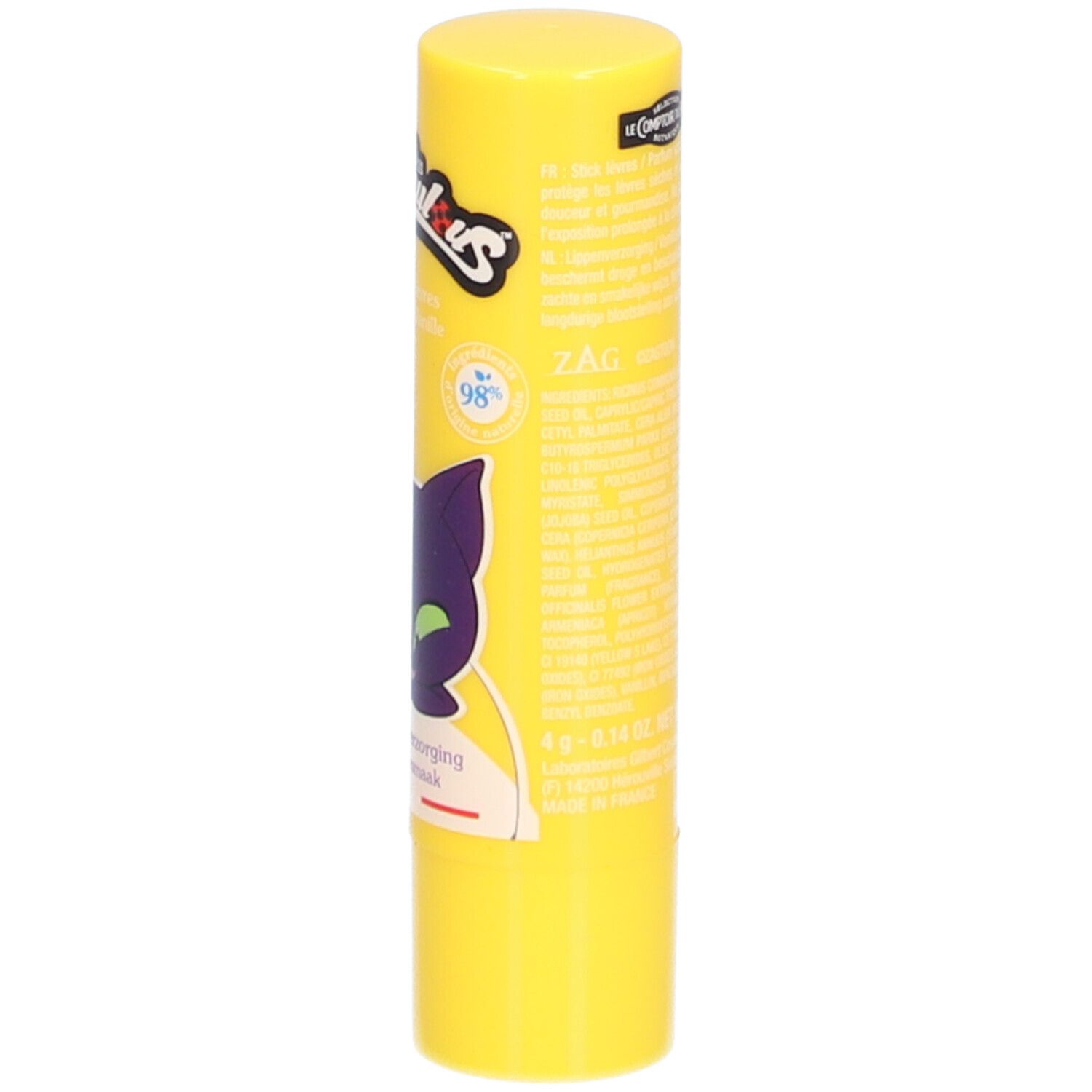 Stick à lèvres jaune avec texte. Affiche le logo "Miraculous" et des informations sur le produit.