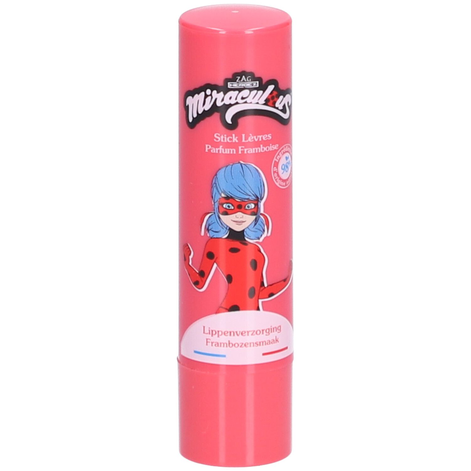 Stick lèvres rose avec illustration Ladybug. Texte: Miraculous, Parfum Framboise. 98%.