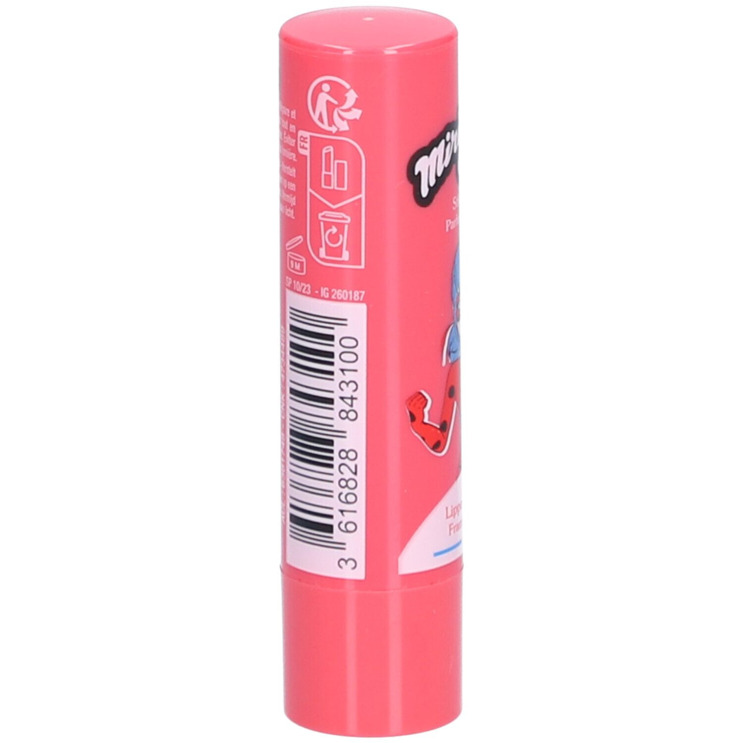 Stick lèvres rose. Code-barres et texte. Illustration d'un personnage Ladybug.