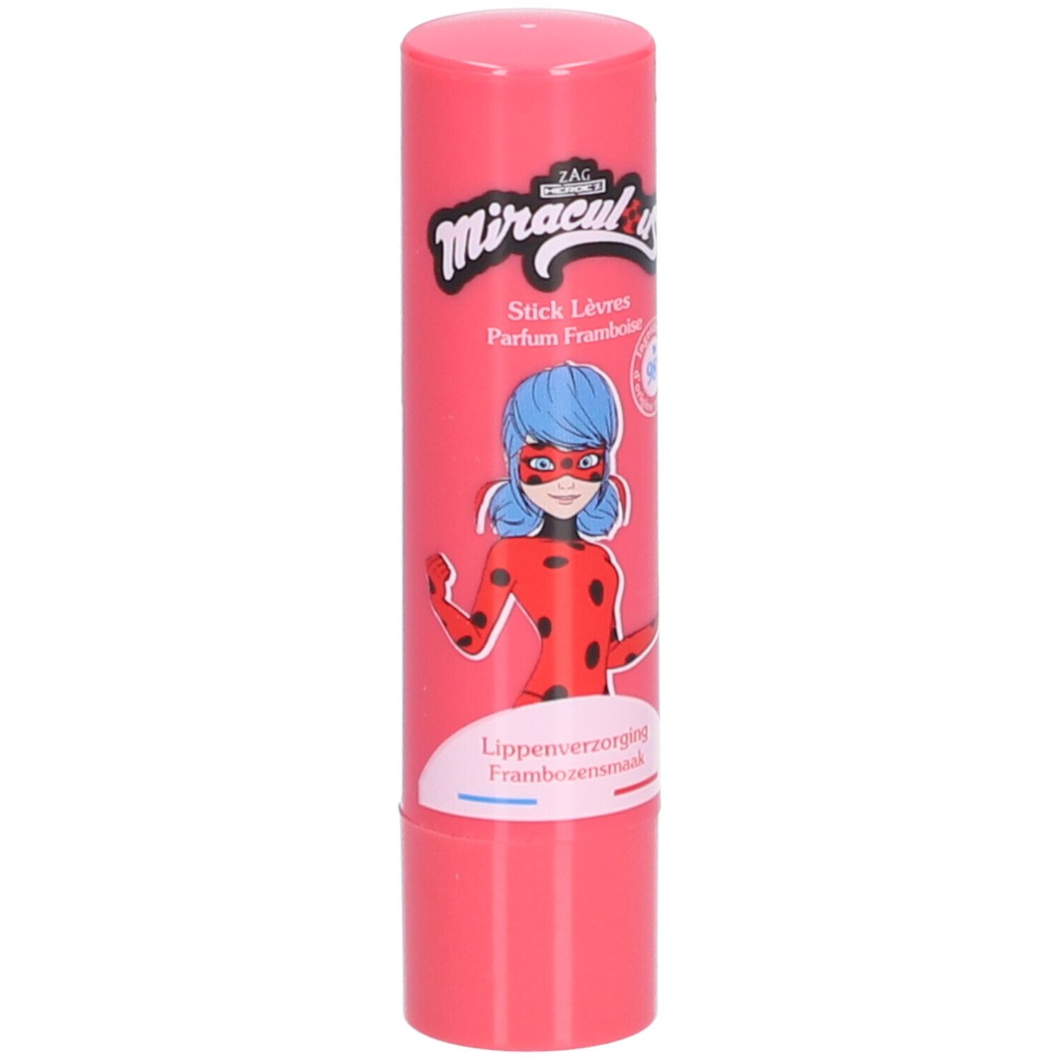 Stick lèvres rose avec illustration Ladybug. Texte: Miraculous, Parfum Framboise.